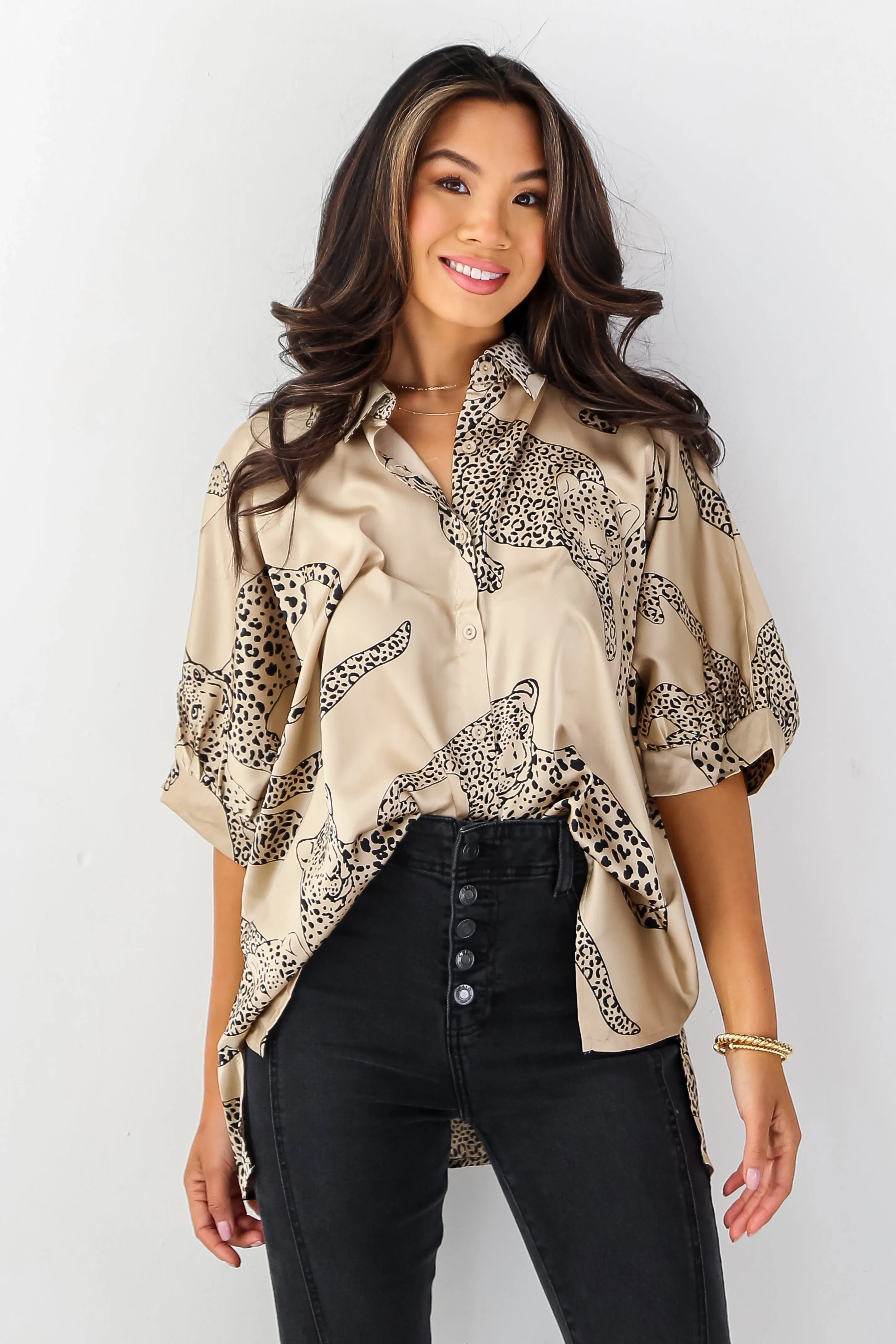 Wild And Sweet Taupe Satin Cheetah Blouse