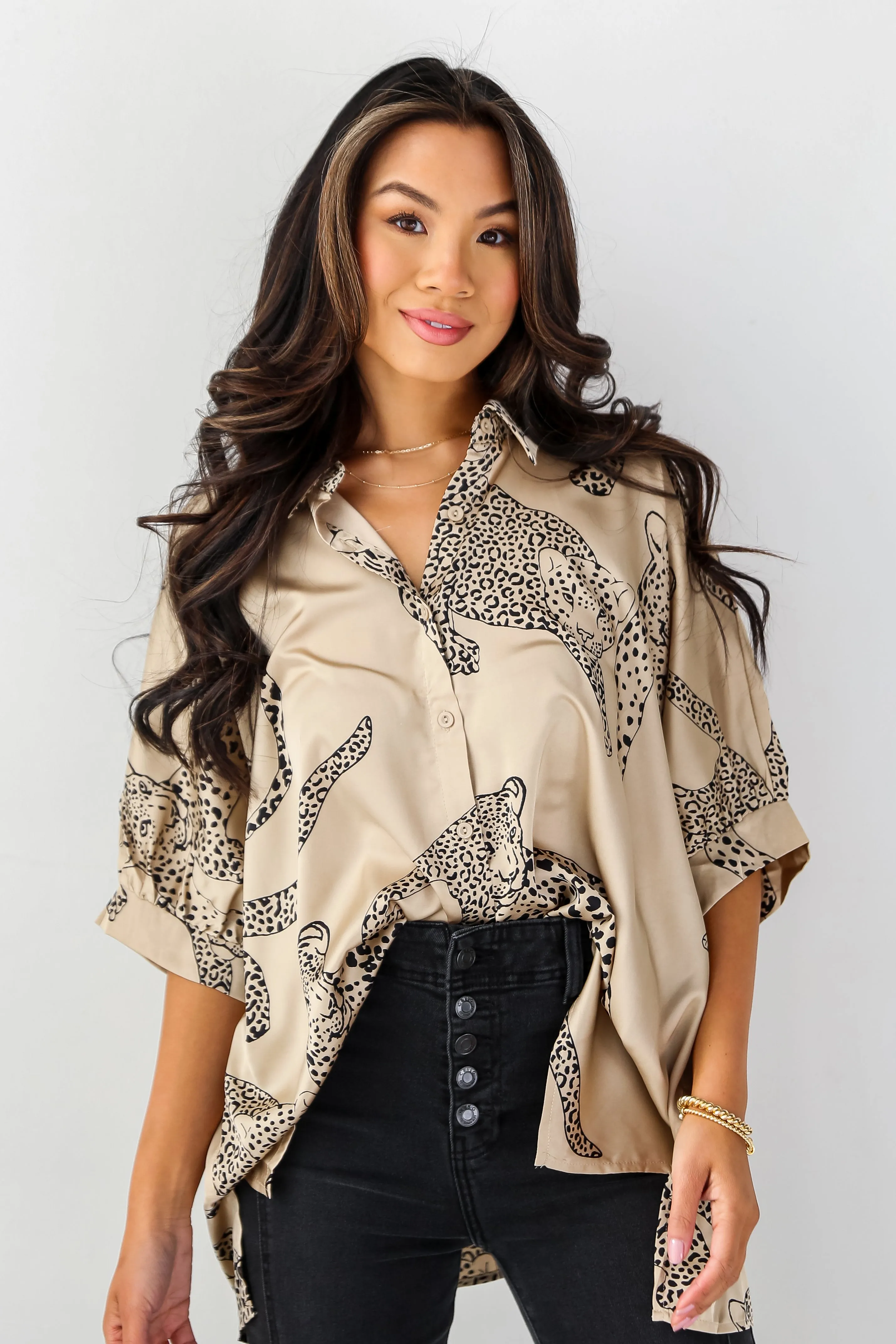 Wild And Sweet Taupe Satin Cheetah Blouse