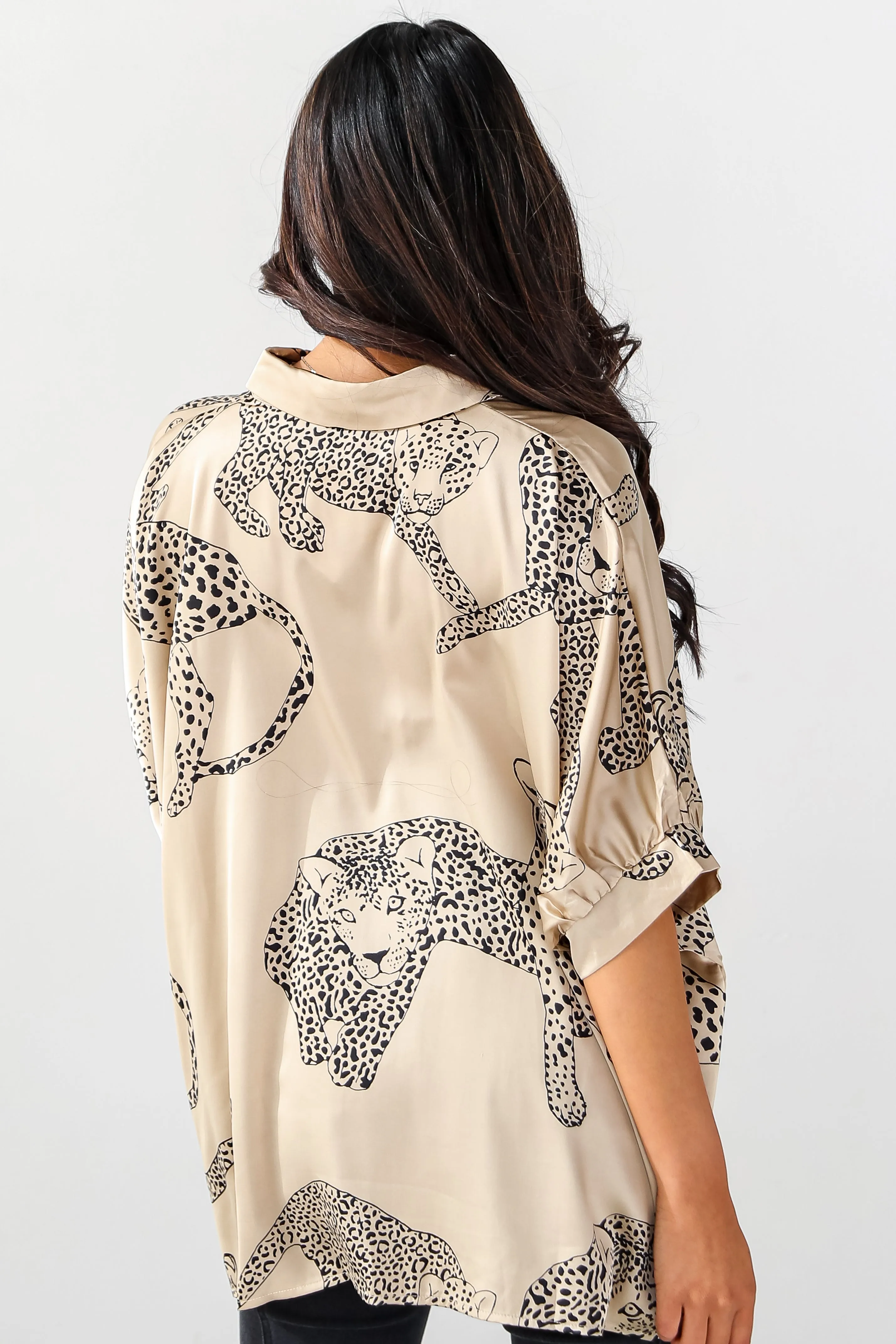 Wild And Sweet Taupe Satin Cheetah Blouse