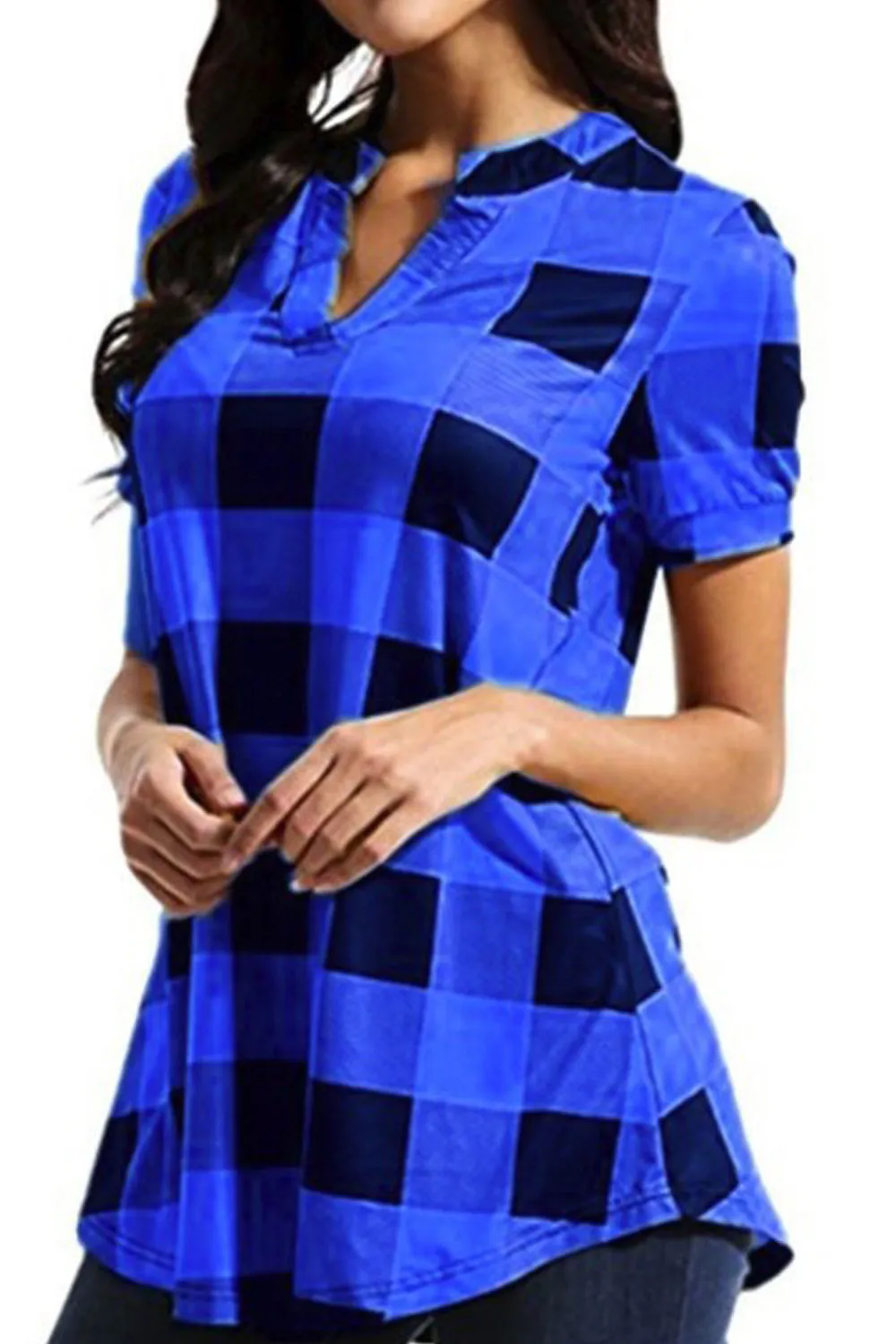 Women Short Sleeve Loose Fit Casual Plaid Shirt - WSB74760