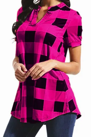 Women Short Sleeve Loose Fit Casual Plaid Shirt - WSB74760