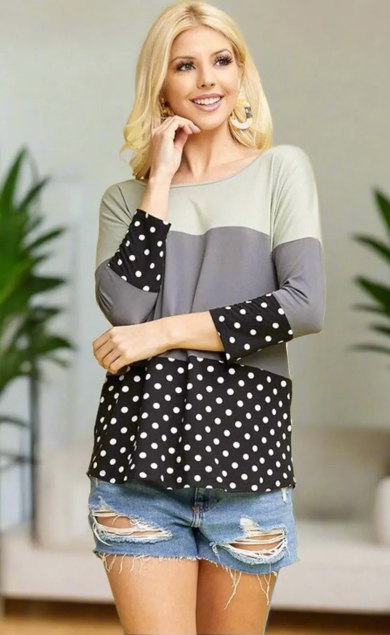 Womens Color Block Striped Shirt, Black White Dot Top, Sizes S/M/L/XL, Green/Gray/Black