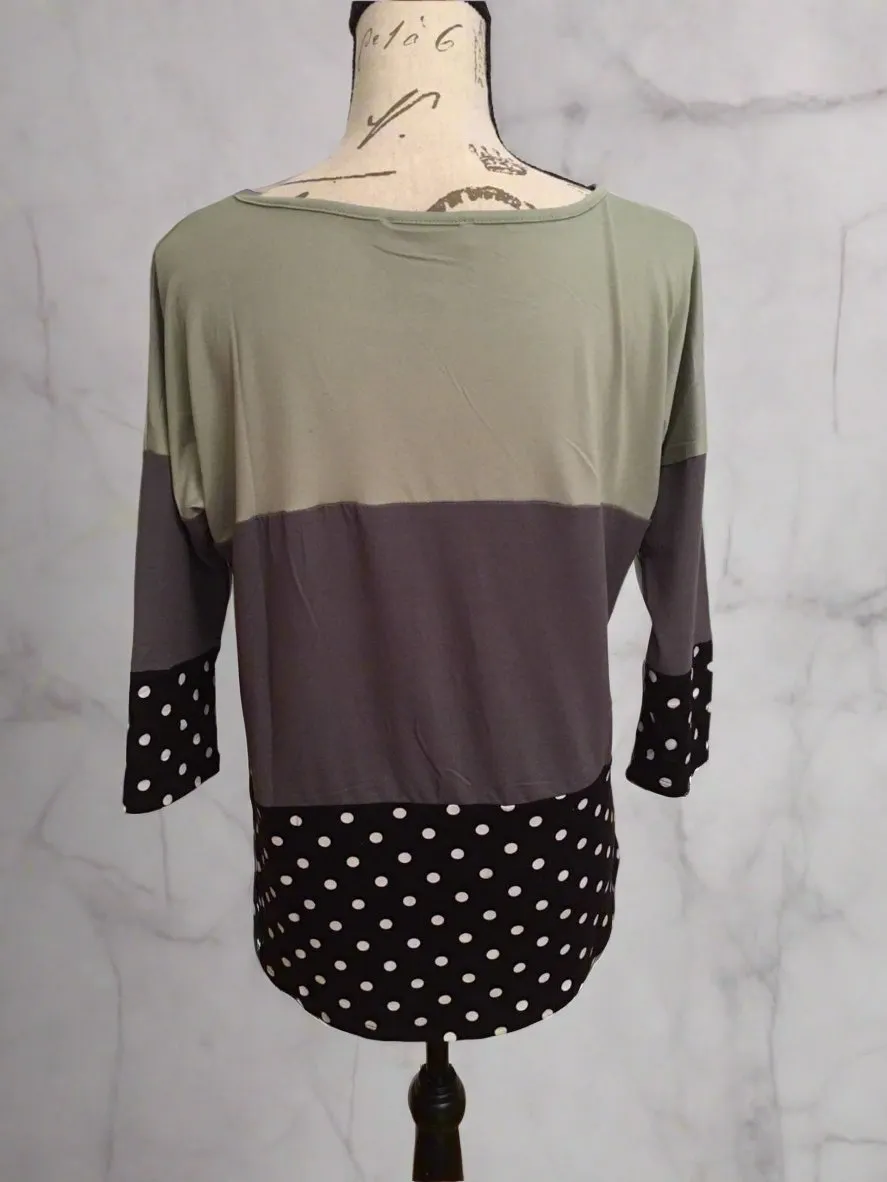 Womens Color Block Striped Shirt, Black White Dot Top, Sizes S/M/L/XL, Green/Gray/Black