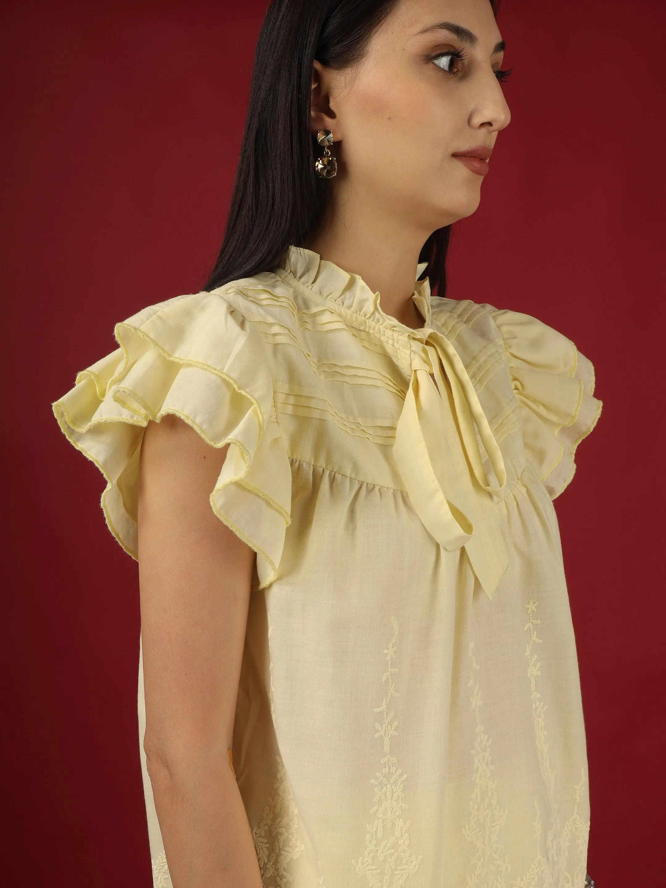 Yellow Embroidered Cotton Top with Palazzo - Set of 2